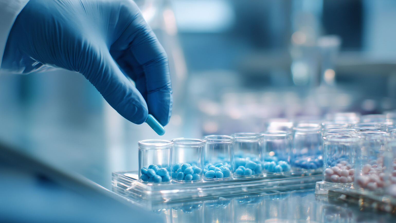 Ein Laborfachkraft mit blauen Einmalhandschuhen platziert eine blaue Kapsel in ein Analysegef&auml;&szlig;. Im Vordergrund befinden sich mehrere Gef&auml;&szlig;e mit blauen und rosa Tabletten. Der sterile, moderne Laborsettings vermittelt h&ouml;chste Pr&auml;zision und regulatorische Sicherheit bei pharmazeutischer Qualit&auml;tskontrolle nach GMP-Standards.