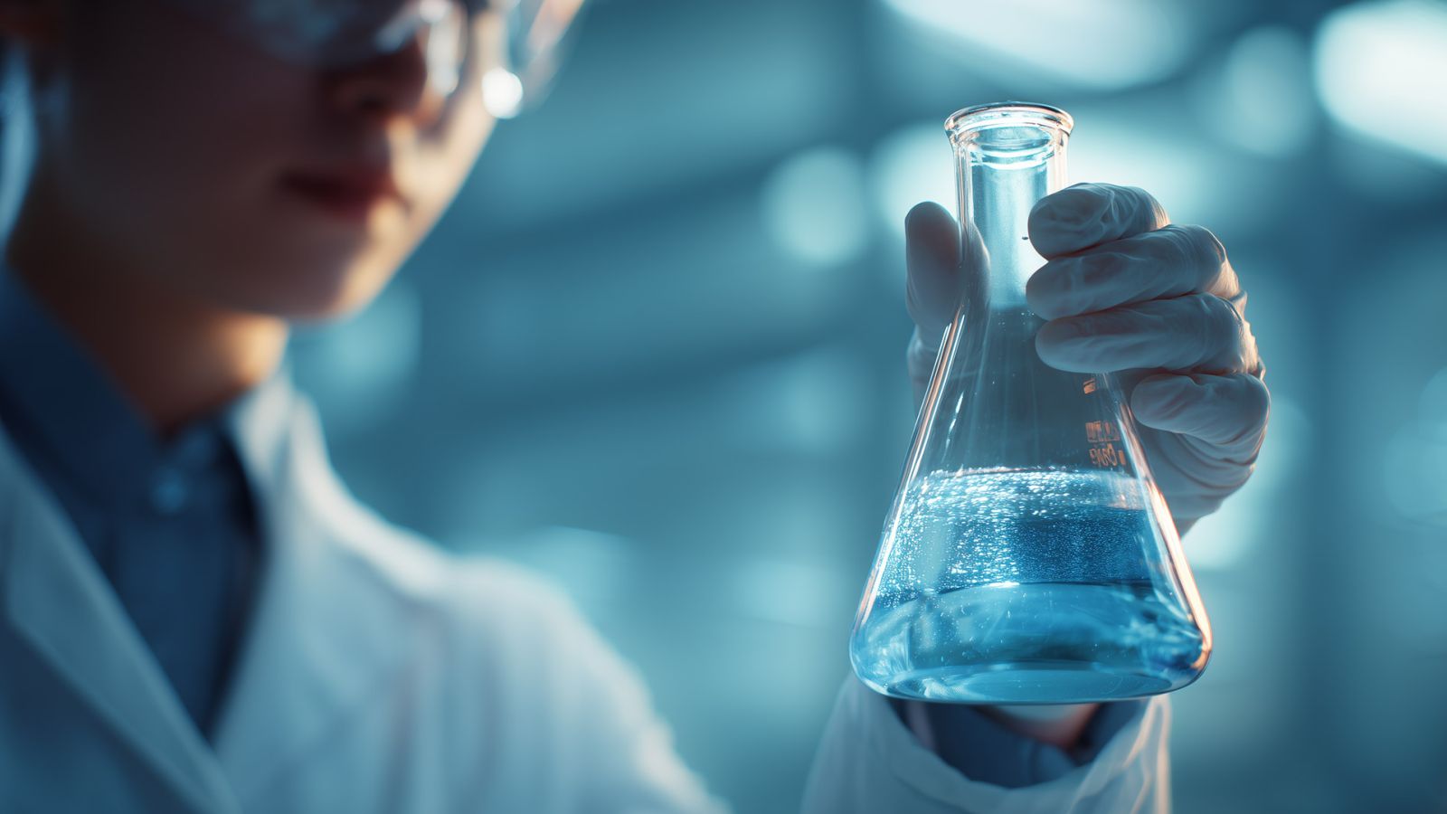 Ein Laborfachkraft h&auml;lt einen Erlenmeyerkolben mit blauer Fl&uuml;ssigkeit vor einem modernen Hintergrund. Die Szene vermittelt pharmazeutische Sorgfalt, h&ouml;chste Pr&auml;zision und Sicherheit im analytischen Umfeld. Fokus auf Laborhandschuhen und klaren Fl&uuml;ssigkeiten, typisch f&uuml;r GMP-gef&uuml;hrte Qualit&auml;tskontrolle in pharmazeutischen Prozessen.