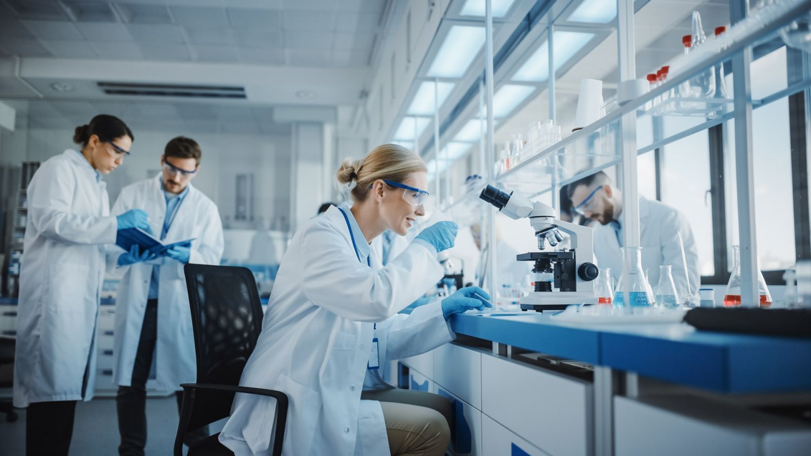 A specialised team of laboratory specialists works in a modern, bright laboratory environment. In the foreground, a scientist analyses samples under a microscope, while colleagues document and analyse in the background. The scene illustrates precision, teamwork and regulatory expertise - ideal conditions for pharmaceutical analysis and GMP-compliant laboratory services.