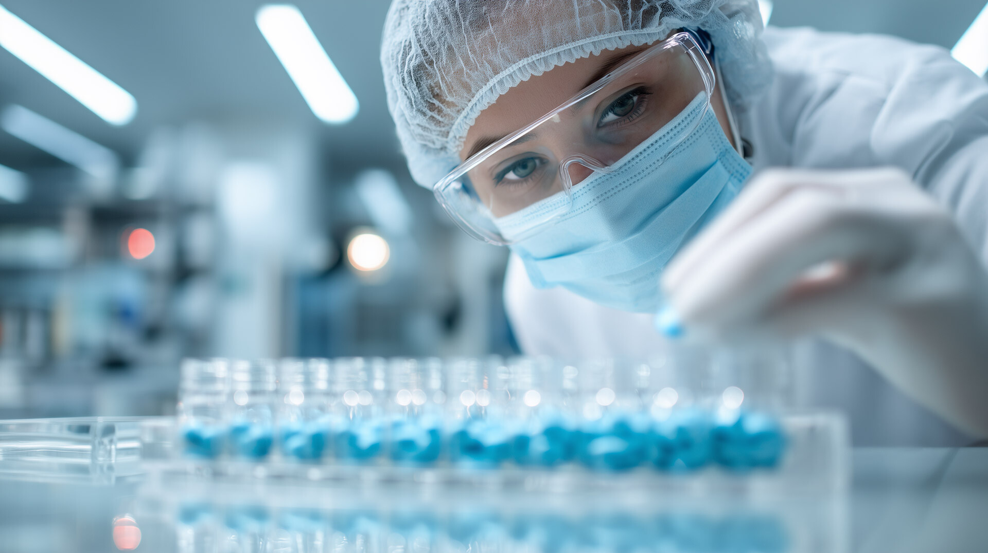 Eine Laborfachkraft in Schutzkleidung prüft sorgfältig blaue Pillen in einer modernen GMP-Umgebung. Die Szene betont Präzision, Sicherheit und regulatorische Konformität bei pharmazeutischen Analysen – unverzichtbar für Hersteller und Qualitätsmanagement in der Life-Science-Industrie. Eine Laborfachkraft in Schutzkleidung prüft sorgfältig blaue Pillen in einer modernen GMP-Umgebung. Die Szene betont Präzision, Sicherheit und regulatorische Konformität bei pharmazeutischen Analysen – unverzichtbar für Hersteller und Qualitätsmanagement in der Life-Science-Industrie.
