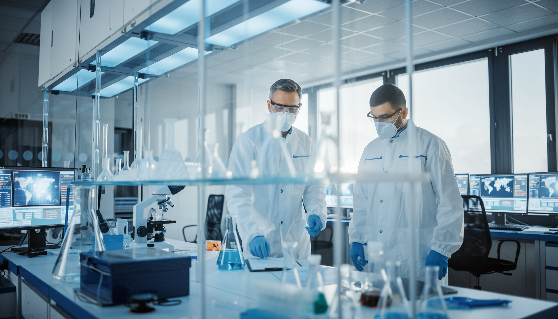 Zwei erfahrene Laboranalytiker arbeiten in einem hochmodernen GMP-Labor mit modernster technischer Ausstattung. Die Umgebung ist gepr&auml;gt von Transparenz, Sauberkeit und Pr&auml;zision. Im Hintergrund sind digitale Analysebildschirme sichtbar, die eine datenbasierte, regulatorisch sichere Laborarbeit unterstreichen. Perfekt f&uuml;r pharmazeutische Qualit&auml;tssicherung und analytische Pr&uuml;fverfahren.