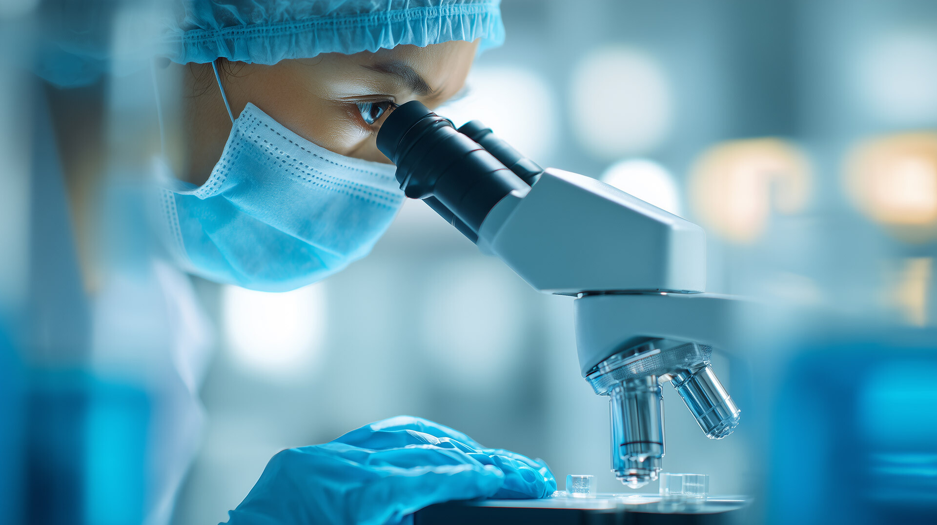 Laborfachkraft mit Schutzkleidung betrachtet aufmerksam eine Probe unter dem Mikroskop in einer hochmodernen Laborumgebung. Das Bild vermittelt pharma-native Expertise, zuverl&auml;ssige Prozesse sowie h&ouml;chste Qualit&auml;ts- und Sicherheitsstandards im Rahmen regulatorisch geforderter GMP-Analytik f&uuml;r Arzneimittel- und Wirkstoffpr&uuml;fung.