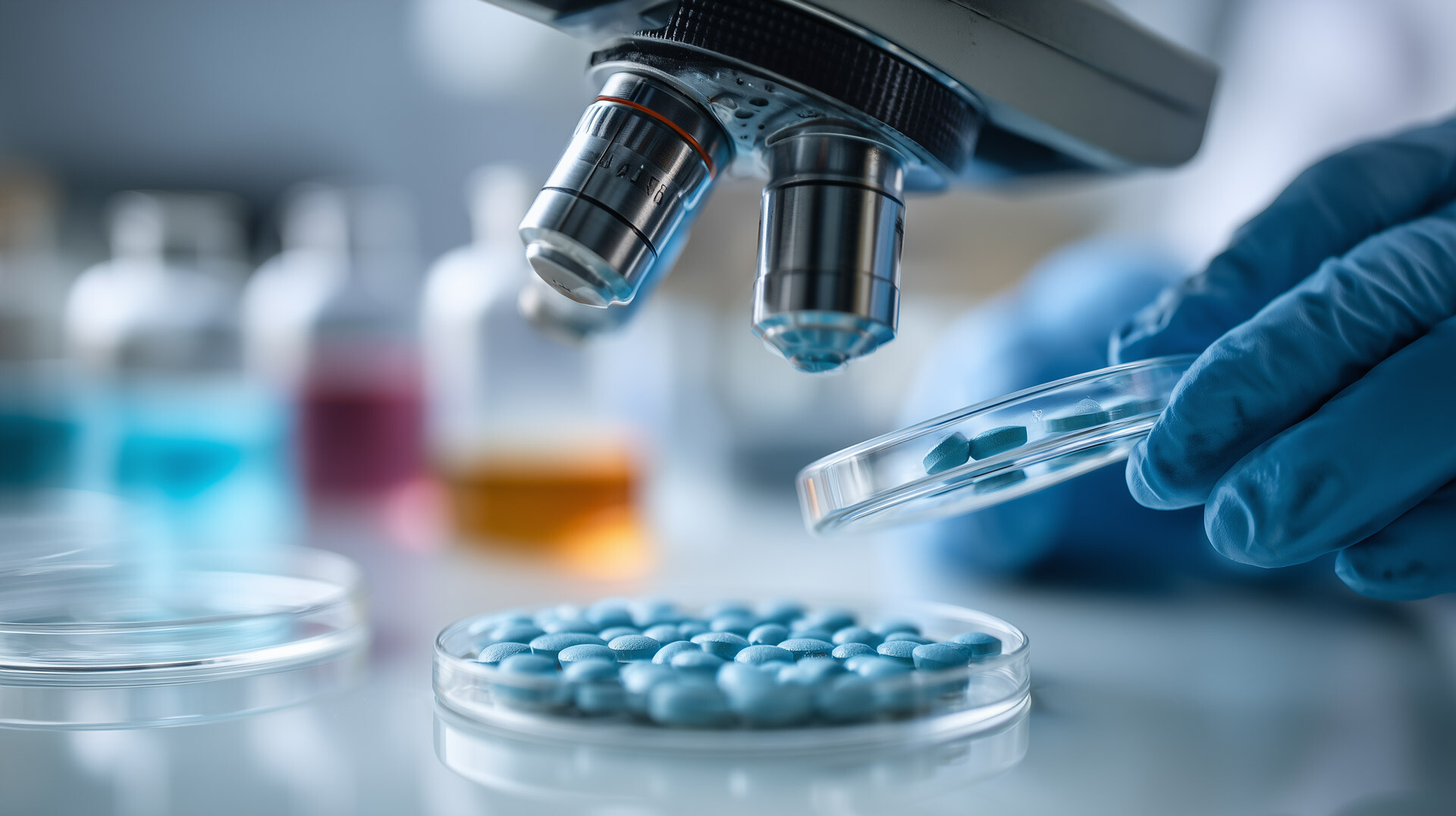 Detailaufnahme eines Labormitarbeiters, der blaue Tabletten in einer Petrischale unter einem hochmodernen Mikroskop untersucht. Die Szene spiegelt die pr&auml;zise analytische Kontrolle und regulatorische Gewissheit wider, die Alphalytik pharmazeutischen Herstellern bietet. Laborumgebung mit Reagenzgl&auml;sern im Hintergrund.